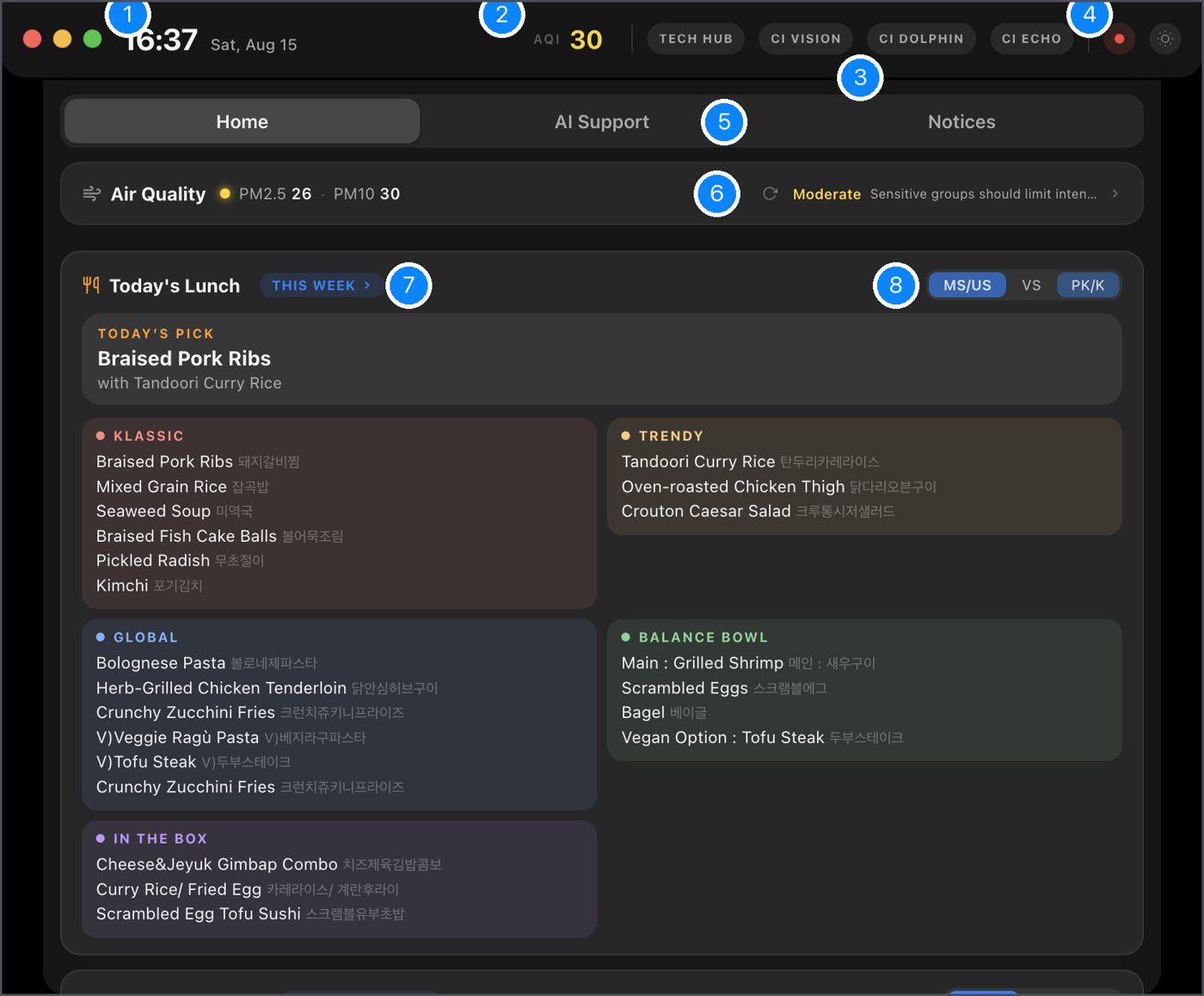 Home tab with numbered callouts