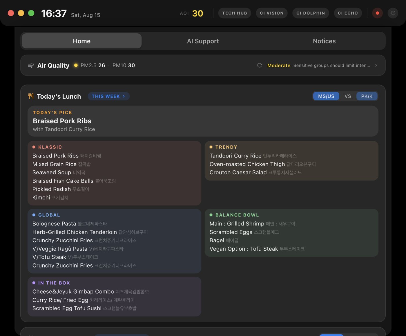 The CI Hub widget, Home tab